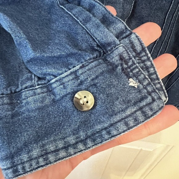 Embroidered FALL Autumn Leaves Casey & Max Cotton DENIM Button Up Shirt Blouse M - Picture 6 of 9